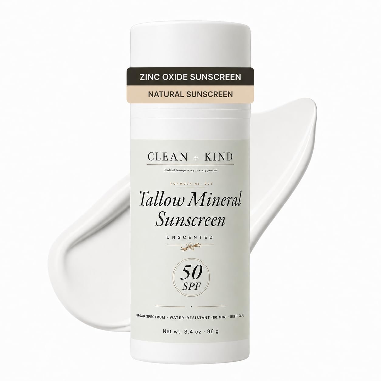 Organic Beef Tallow Sunscreen SPF 50 Unscented — Fragrance-Free Non-Nano Zinc Oxide Mineral Sunblock, Non-Toxic Natural Reef-Safe Water-Resistant Face & Body Sun Protection (3.4 oz)