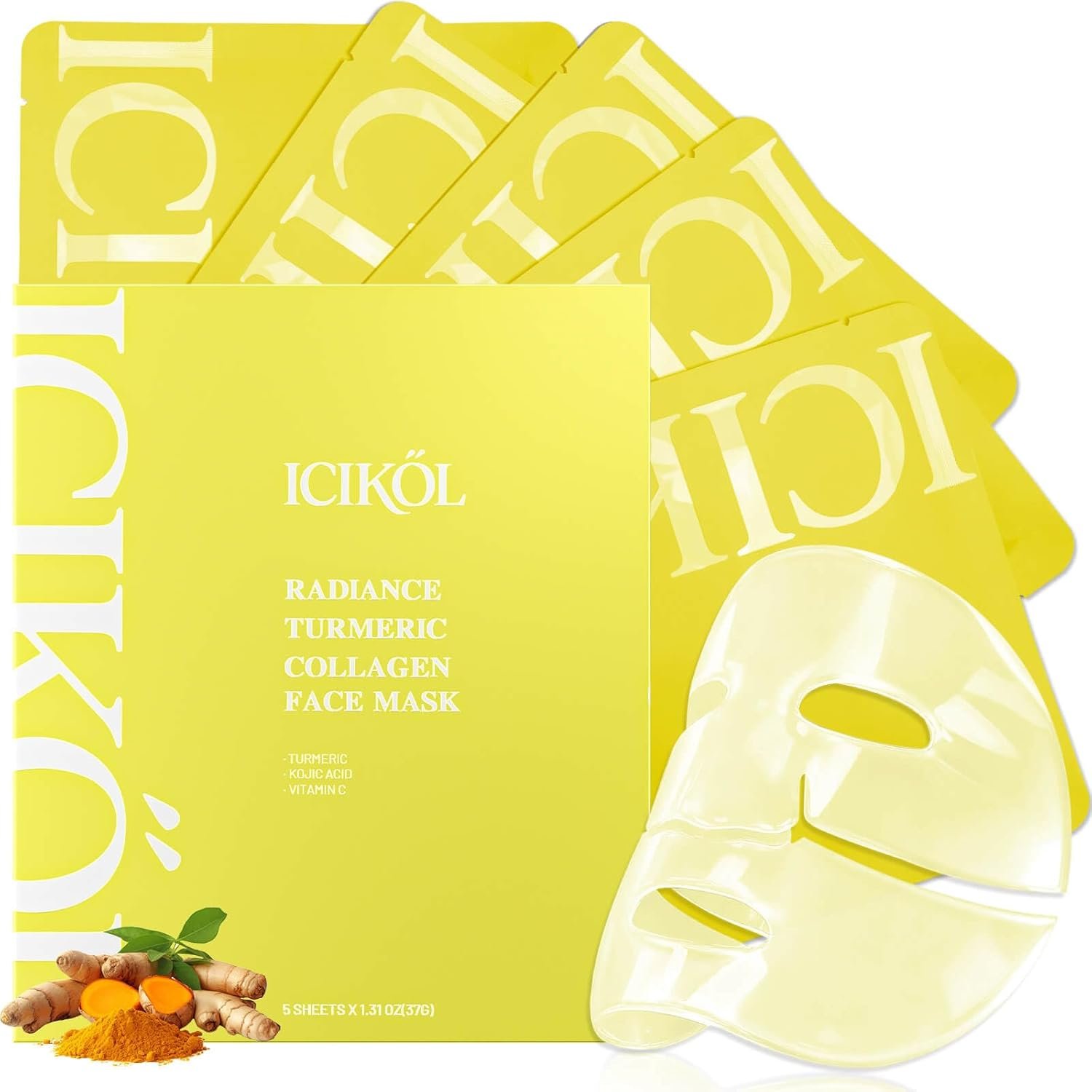Radiance Turmeric Collagen Face Mask, 5 Pack – Overnight Calming Ance Mask with Kojic Acid for Roughed Skin & Dullness, Oil Control & Pore Refining Facial Sheet Mask