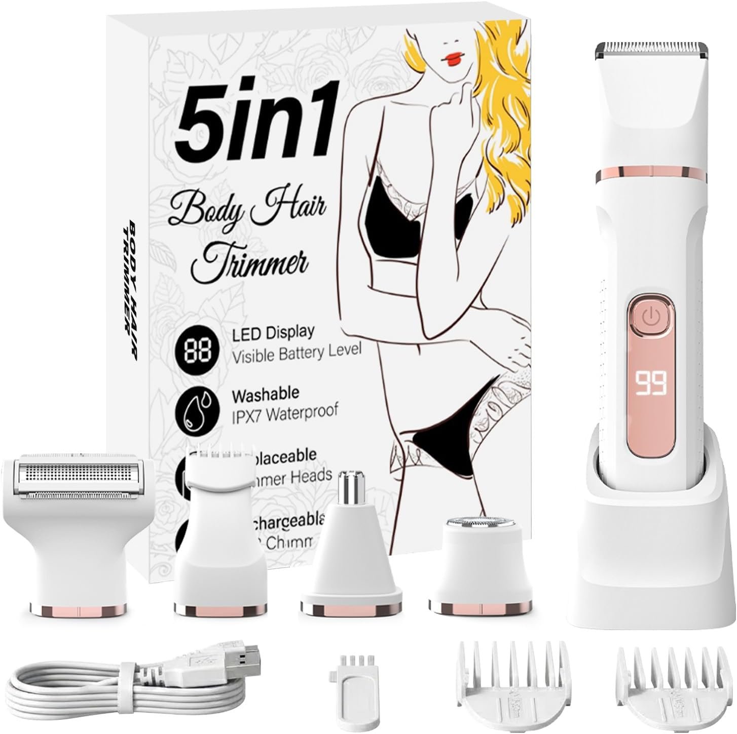 Bikini trimmer for Women,Electric Shaver for Women, IPX7 Waterproof Razor Shaver,Women’s Electric Razor,Intimate Shaver for Women,with 5 Blades,USB-C Rechargeable,Recharge Dock（White)