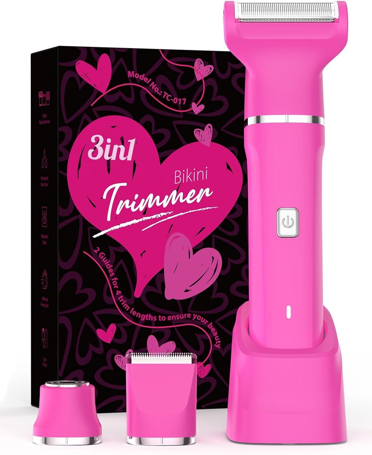 Bikini Trimmer for Women – IPX7 Waterproof Pubic Hair Remover for Shower & Travel, 3-in-1 Bikini Trimmer with Body/Round/Curved Heads, Hypoallergenic Foil & Ceramic Blades, Self-Care Gifts for Women