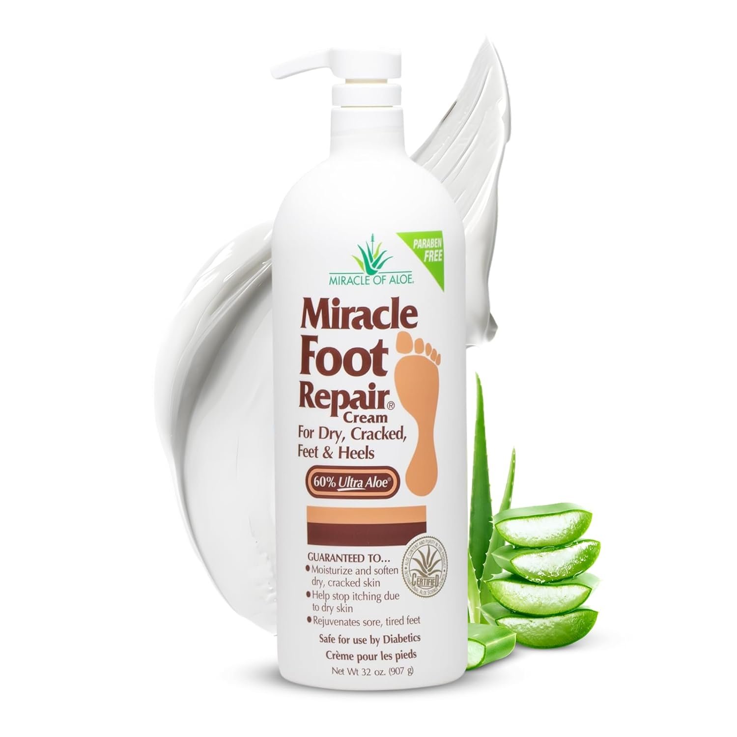 Miracle Foot Repair Cream (32 oz) Repairs Dry Cracked Heels and Feet, 60% Pure UltraAloe Moisturizes, Softens, and Repairs