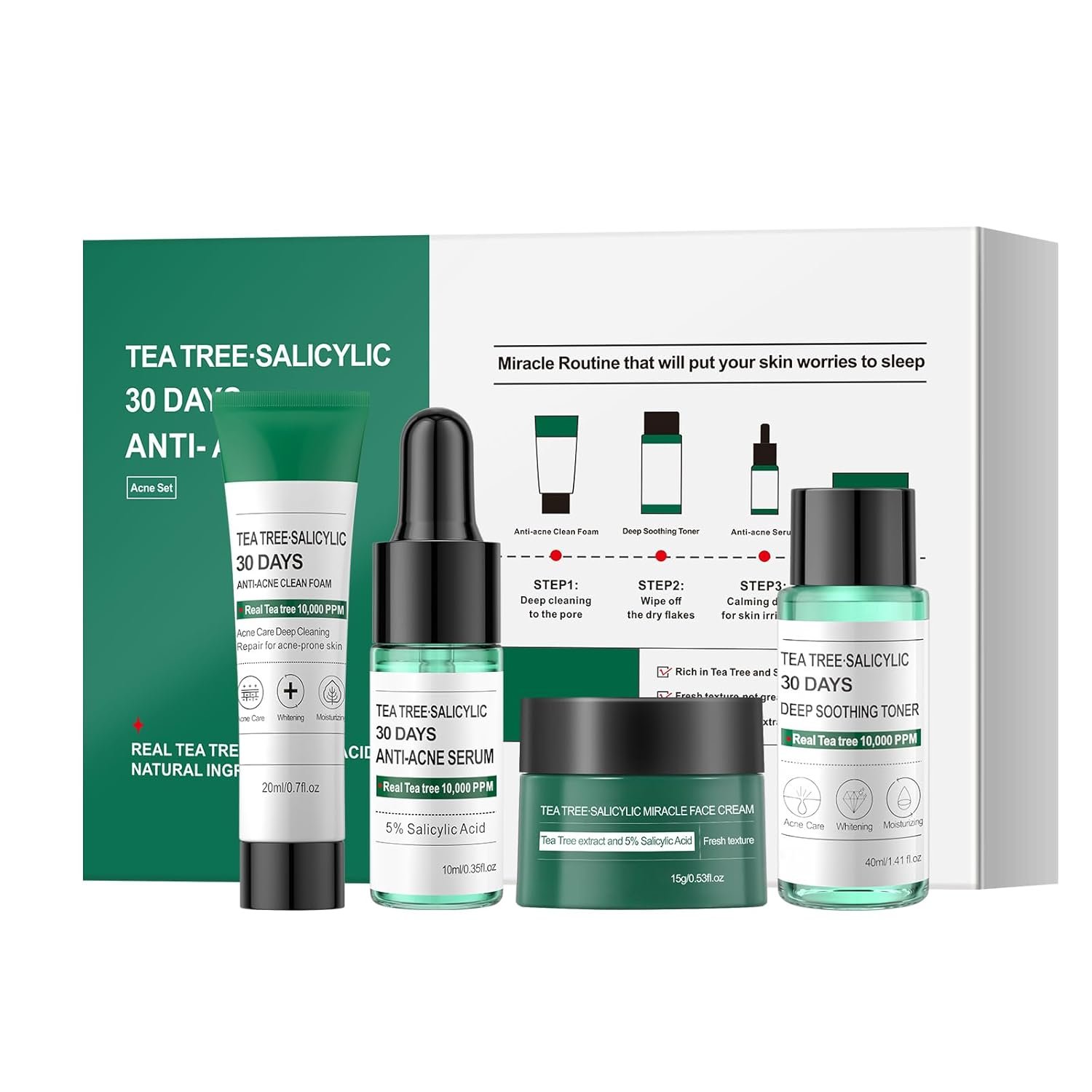 Tea Tree Salicylic Acid Facial Skin Care Set, Travel Size Set Cystic Hormonal Acne Treatment Face Wash Cleanser, Facial Toner Cream Moisturizer Travel Essentials for Pimple