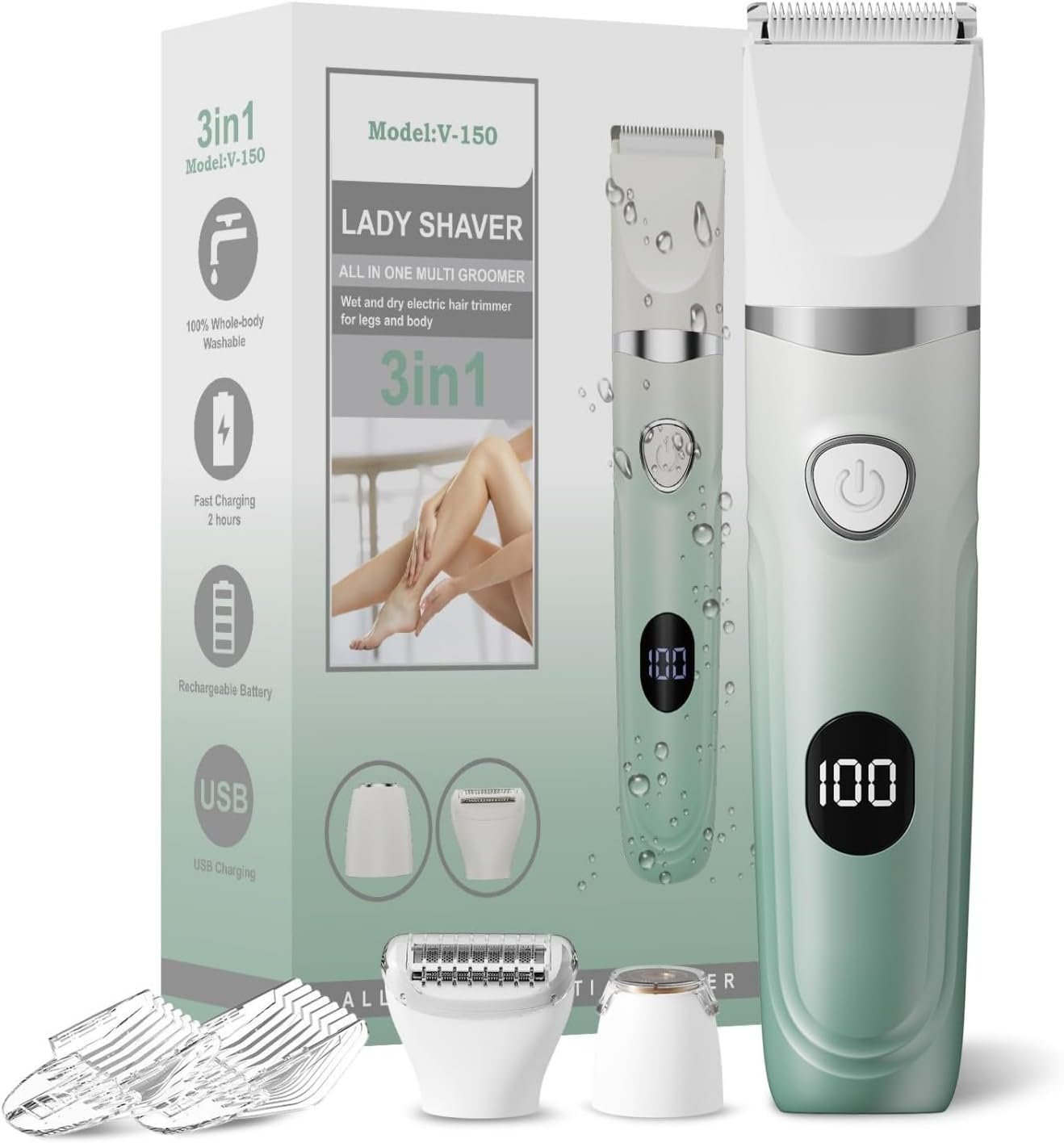 Bikini Trimmer for Women, 3-in-1 Electric Razors for Women, Waterproof Bikini Shaver Replaceable Facial, Body Trimmer for Pubic Hair, Painless Razor for Hair Trimmer, Mint Green