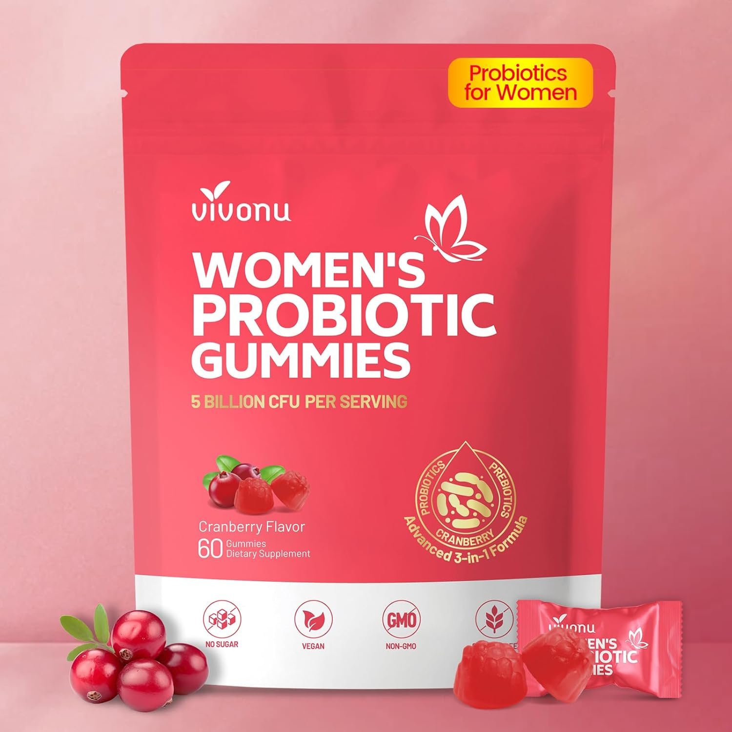 VivoNu Probiotics for Women, Women Probiotic Gummies, 500 Million CFUs, Fiber | Feminine Balance Gummies for Healthy Odour, Digestive Support and Gut Health + Vitamin C for Immune Support – 60 Gummies