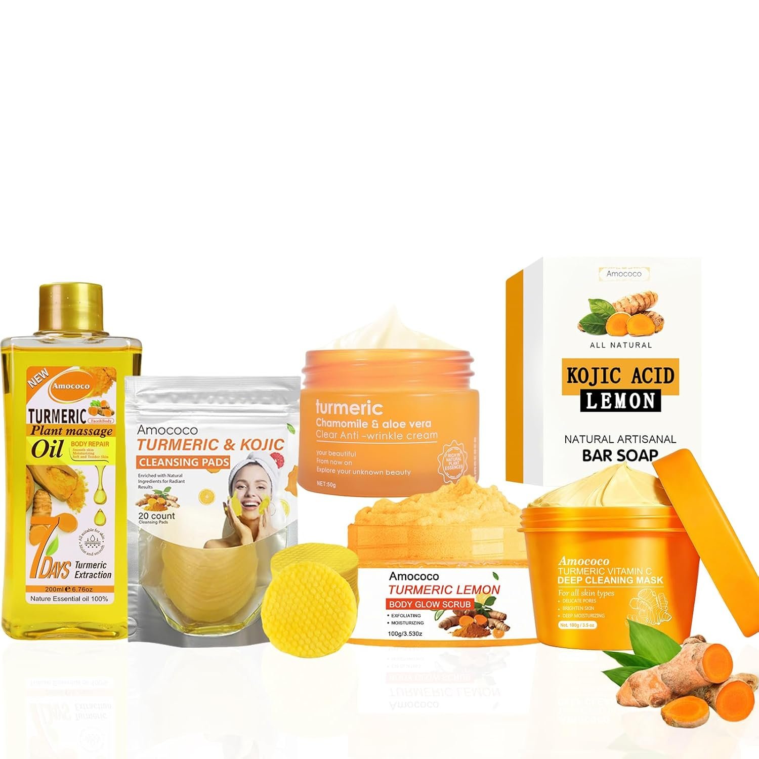 Turmeric Spa Gift Set for Women, Whole Body, Facial & Bath Gift Set, 6Pcs, Self Care, Home Spa Kit with Turmeric Oil, Mask, Soap and Face Cream