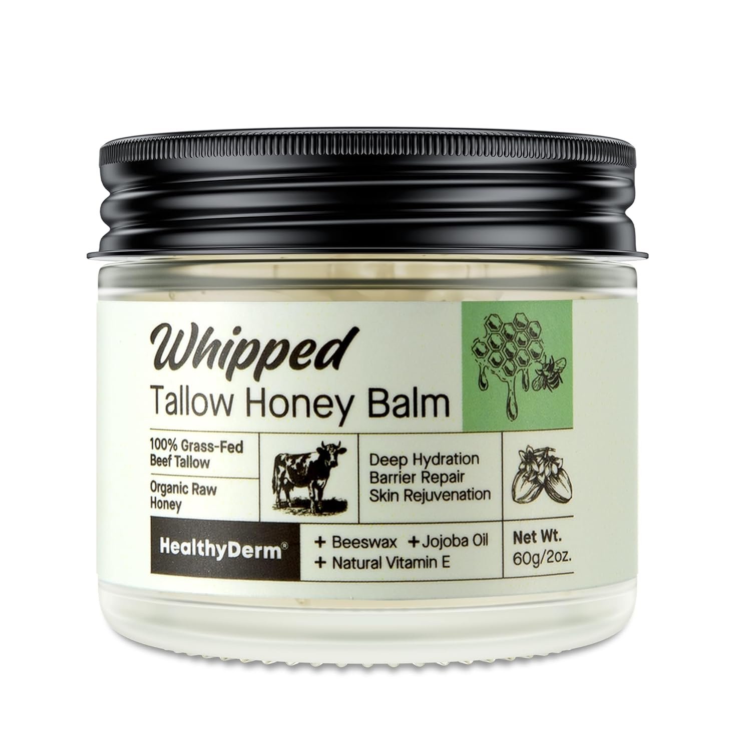 Beef Tallow Honey Balm for Skin: 100% Grass Fed Whipped Organic Moisturizer with Organic Raw Honey, Jojoba Oil, Vitamin E – Natural Face and Body Care for Mature, Dry or Sensitive Skin, 2oz