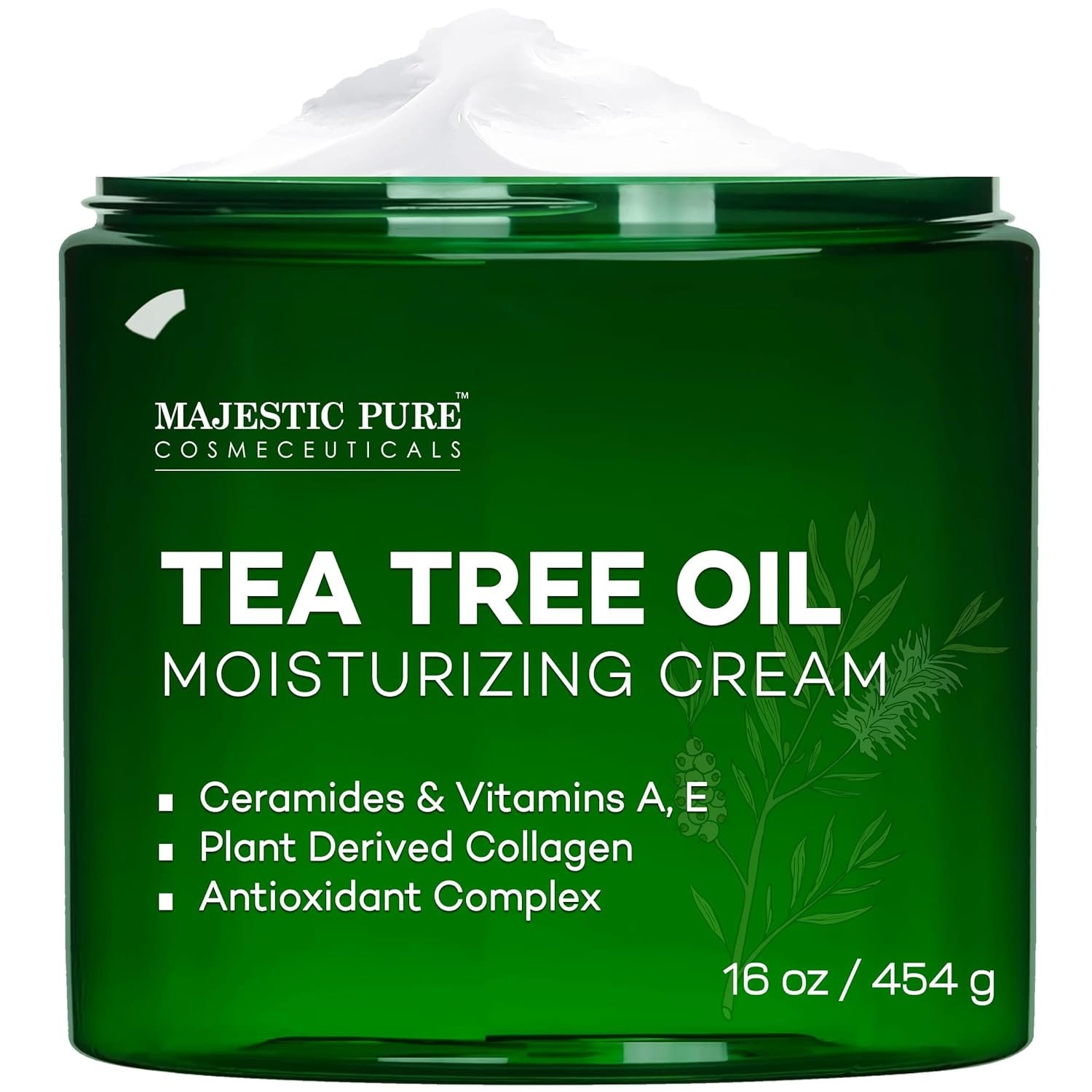 Majestic Pure Tea Tree Oil Moisturizing Cream – Body, Foot & Face Moisturizer – With Ceramides, Vitamins A E & Vegan Collagen – For Dry Skin, Oily Skin, & Appearance Of Wrinkles – 16 oz