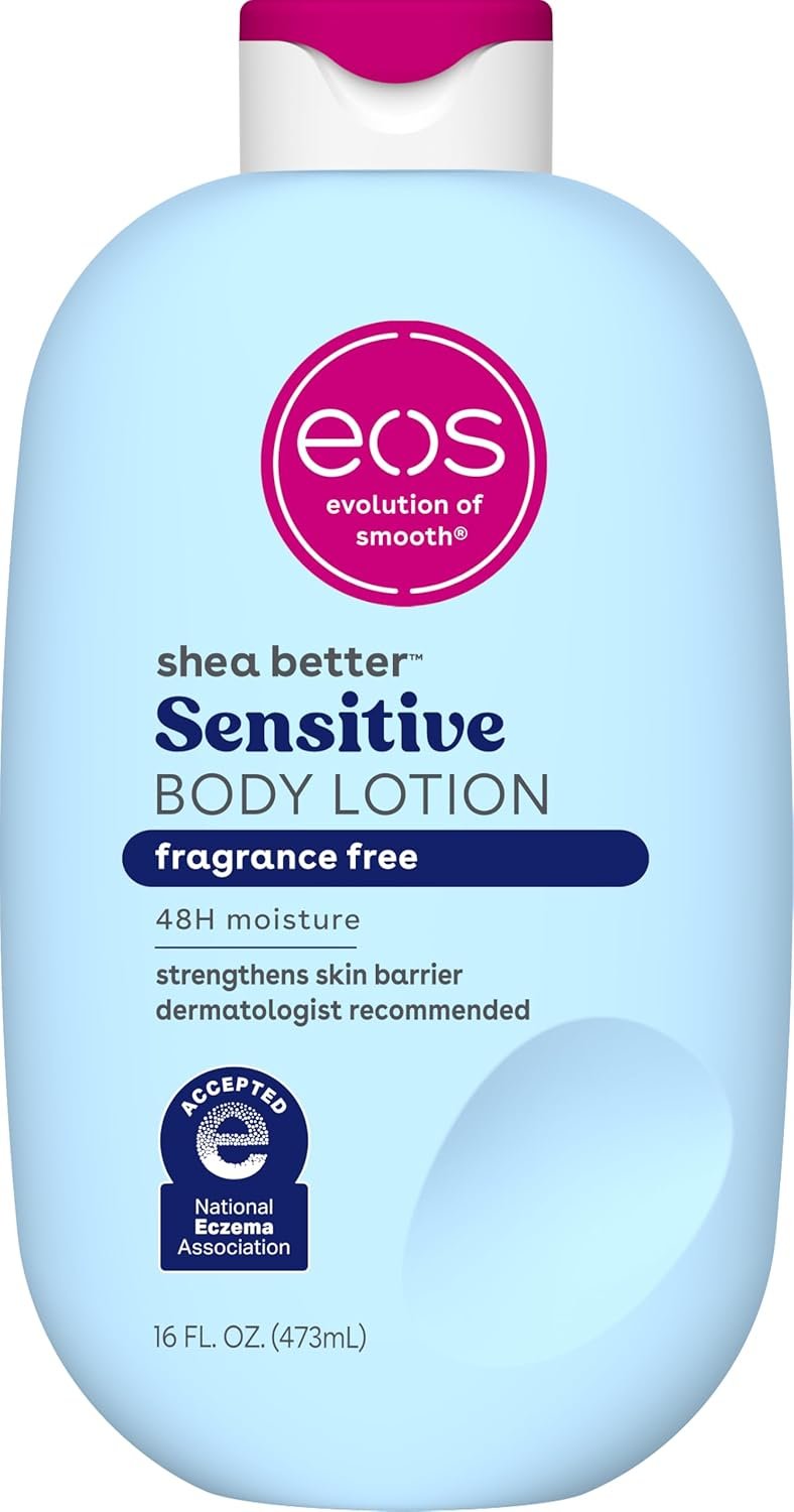 eos Shea Better Sensitive Skin Body Lotion – Fragrance-Free, 48-Hour Moisture Eczema Cream & Dry Skin Relief, Vegan, 16 fl oz (Packaging may vary)