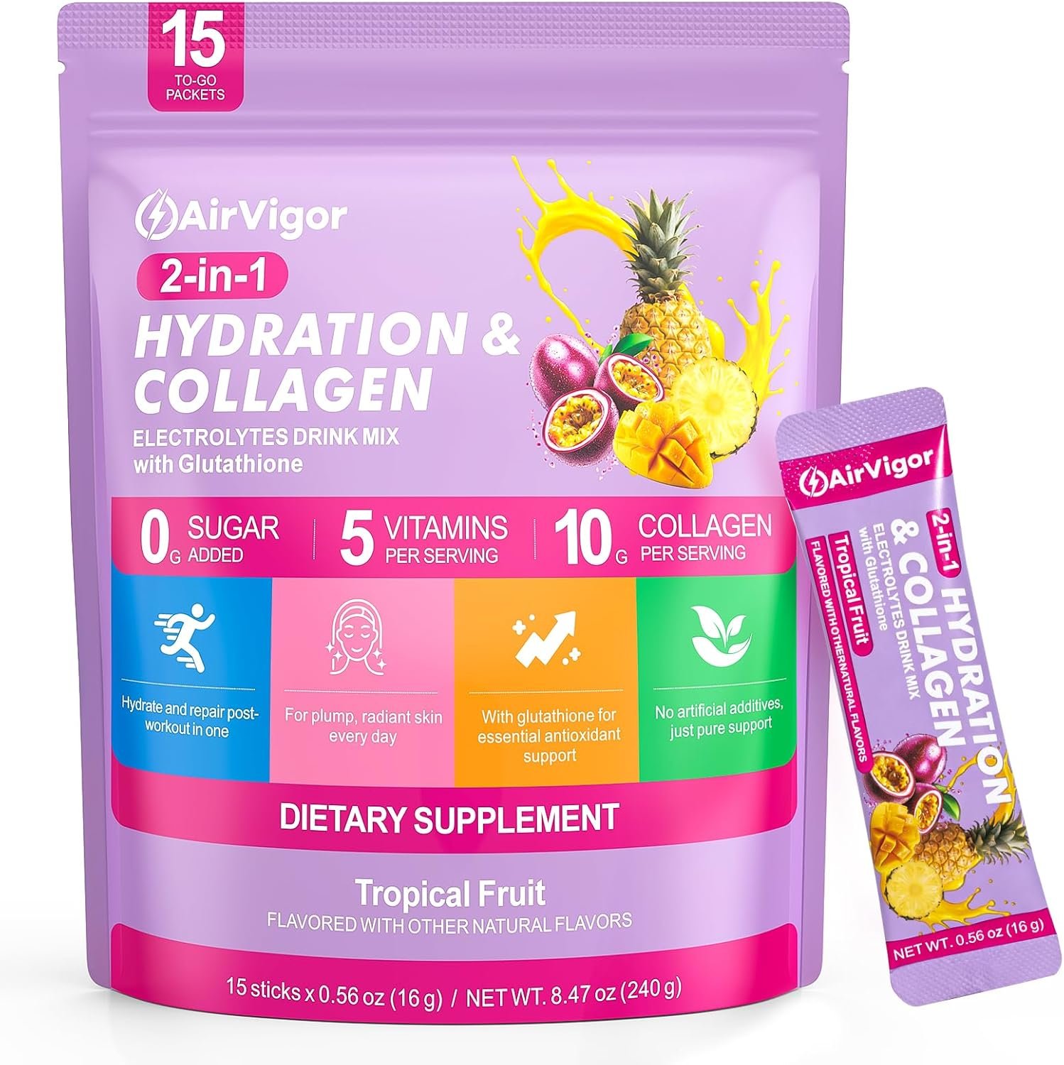 Electrolytes Powder Packets, 10G Collagen Hydration Packets, Sugar Free Daily Electrolyte Hydration Recocery Drink Mix with 5 Vitamins & Glutathione, Joint Skin Muscle Support, Keto, Tropical