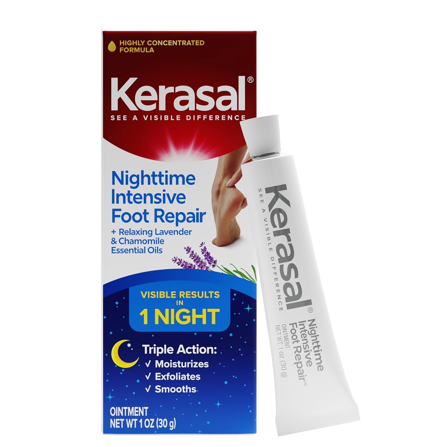 Kerasal Nighttime Intensive Foot Repair, Skin Healing Ointment for Cracked Heels and Dry Feet, 1 oz (Packaging May Vary)