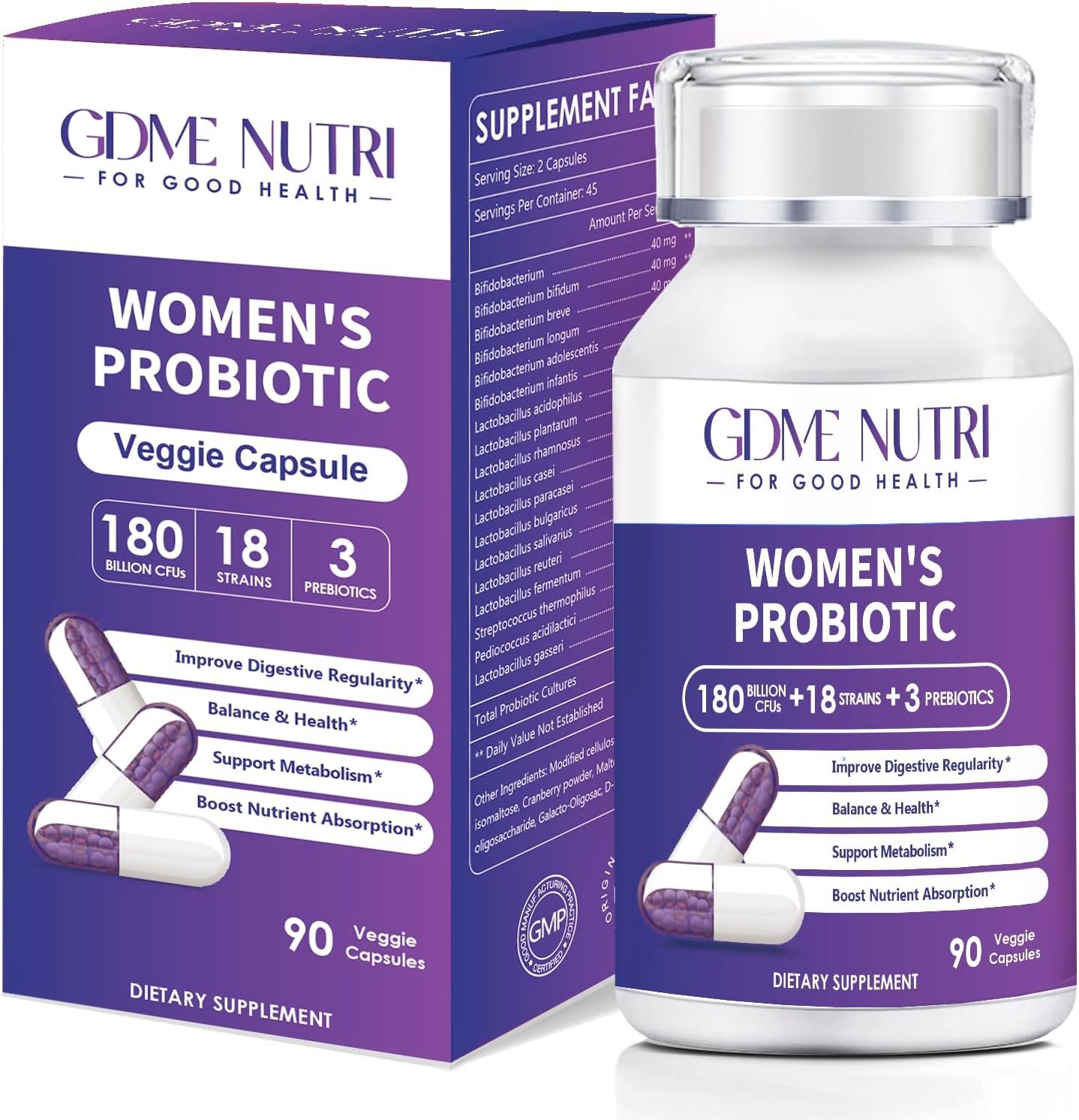 Probiotics 180 Billion CFU 18 Strains Contains Organic Prebiotic Cranberry Probiotic Supplement Digestion Immunity for Women’s Health,Non Soy Gluten Dairy Free 90 Vegetarian Capsules