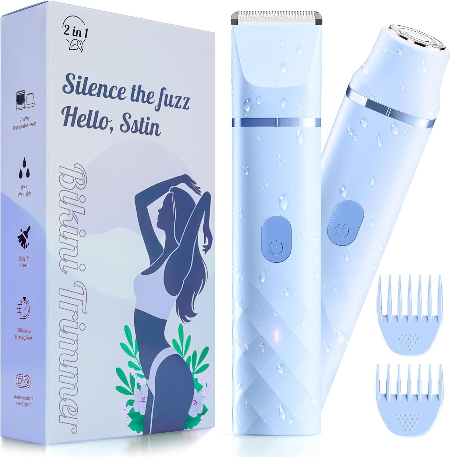 Bikini Trimmer for Women, IPX7 Waterproof, Painless Rechargeable Electric Razor Remover, 2-in-1 Facial & Pubic Hair Removal for Sensitive Skin, Portable Travel Size, Women’s Gift, Blue Blue
