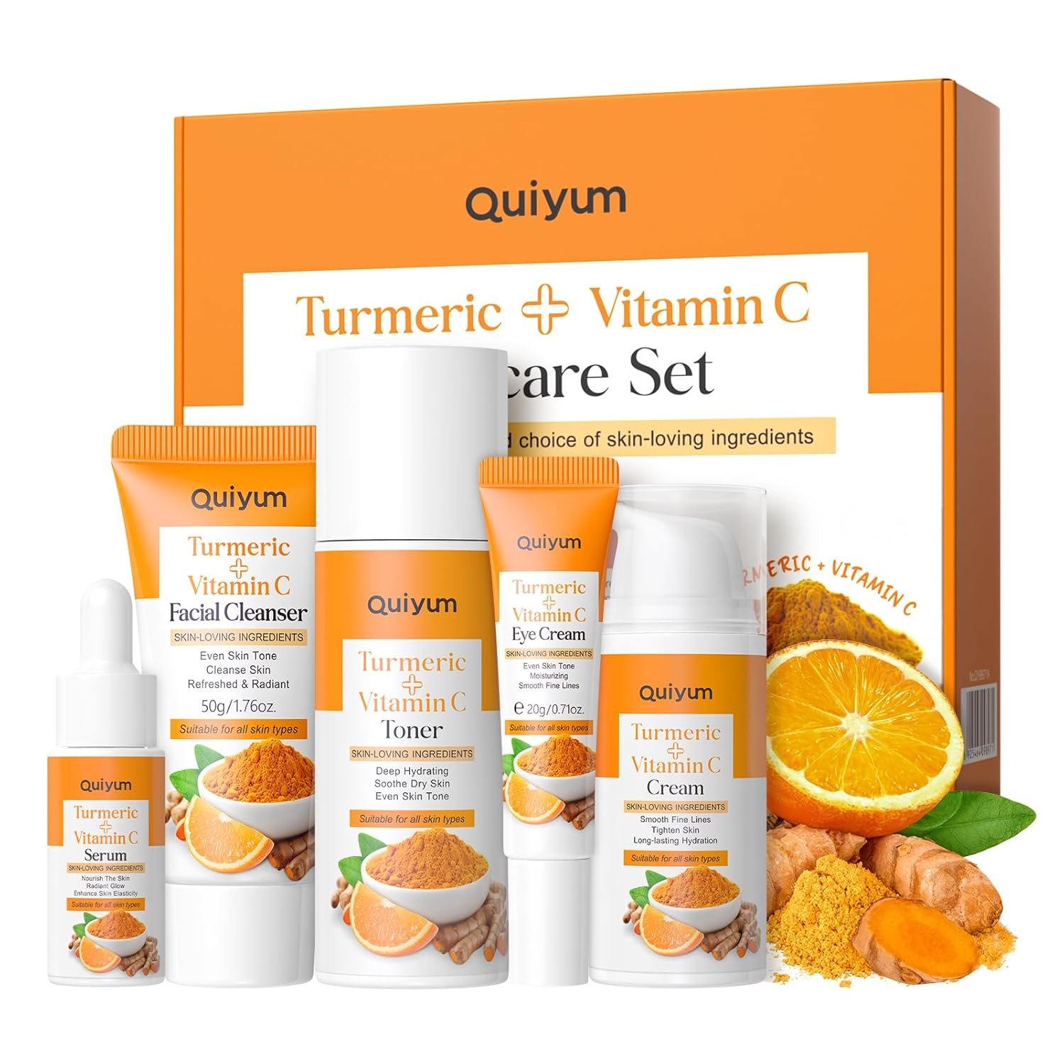 QUIYUM Skin Care Set, Turmeric Vitamin C Skincare Kits 5PCS – Beauty Facial Skin Care Routine Set Kit for Women, Dark Spot Remover for Face, Reduce Acne, Even Tone, Glow, Valentine’s Day Birthday Gift