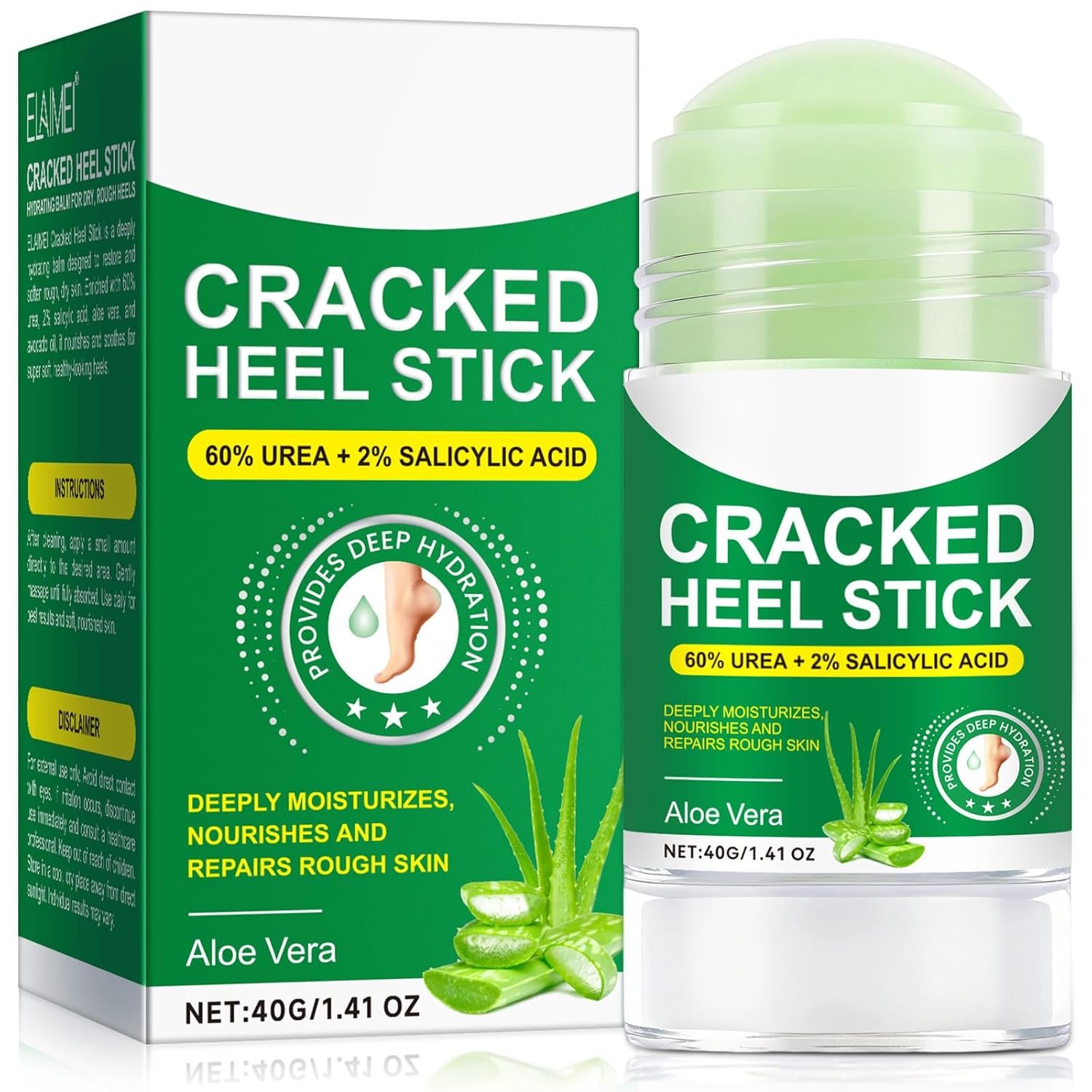 Aloe Vera Cracked Heel Stick With 60% Urea & 2% Salicylic Acid, Urea Cream Foot Care Stick for Cracked Heel Repair & Thick Dry Skin Deep Hydration and Softens Dead Skin Smooths Rough Areas 1.41 oz