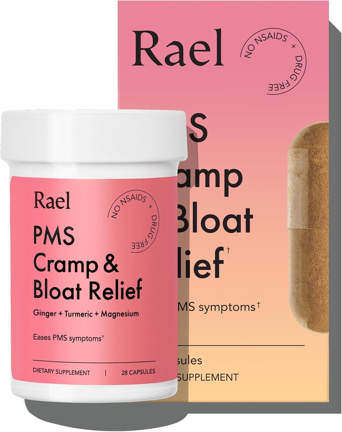 Rael PMS Supplement, Hormone Balance for Women, Relief from Menstrual Cramps with Turmeric, Ginger, Magnesium (28 Capsules)