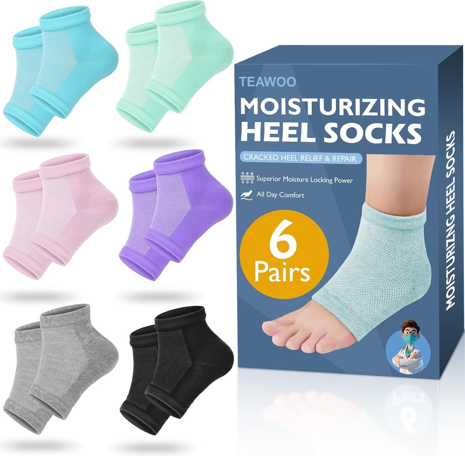 TEAWOO Moisturizing Heel Socks – 6 Pairs for Dry Cracked Feet, Toeless Gel Socks for Hydration and Repair