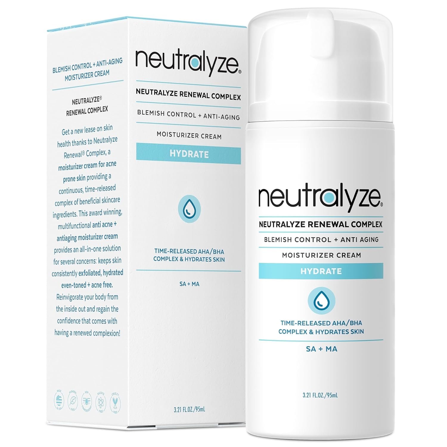 Neutralyze Renewal Complex Acne Moisturizer for Face – Maximum Strength, Time Released 2% Mandelic Acid & 2% Salicylic Acid Acne Treatment Cream – Suitable for All Skin Types, Teens & Adults