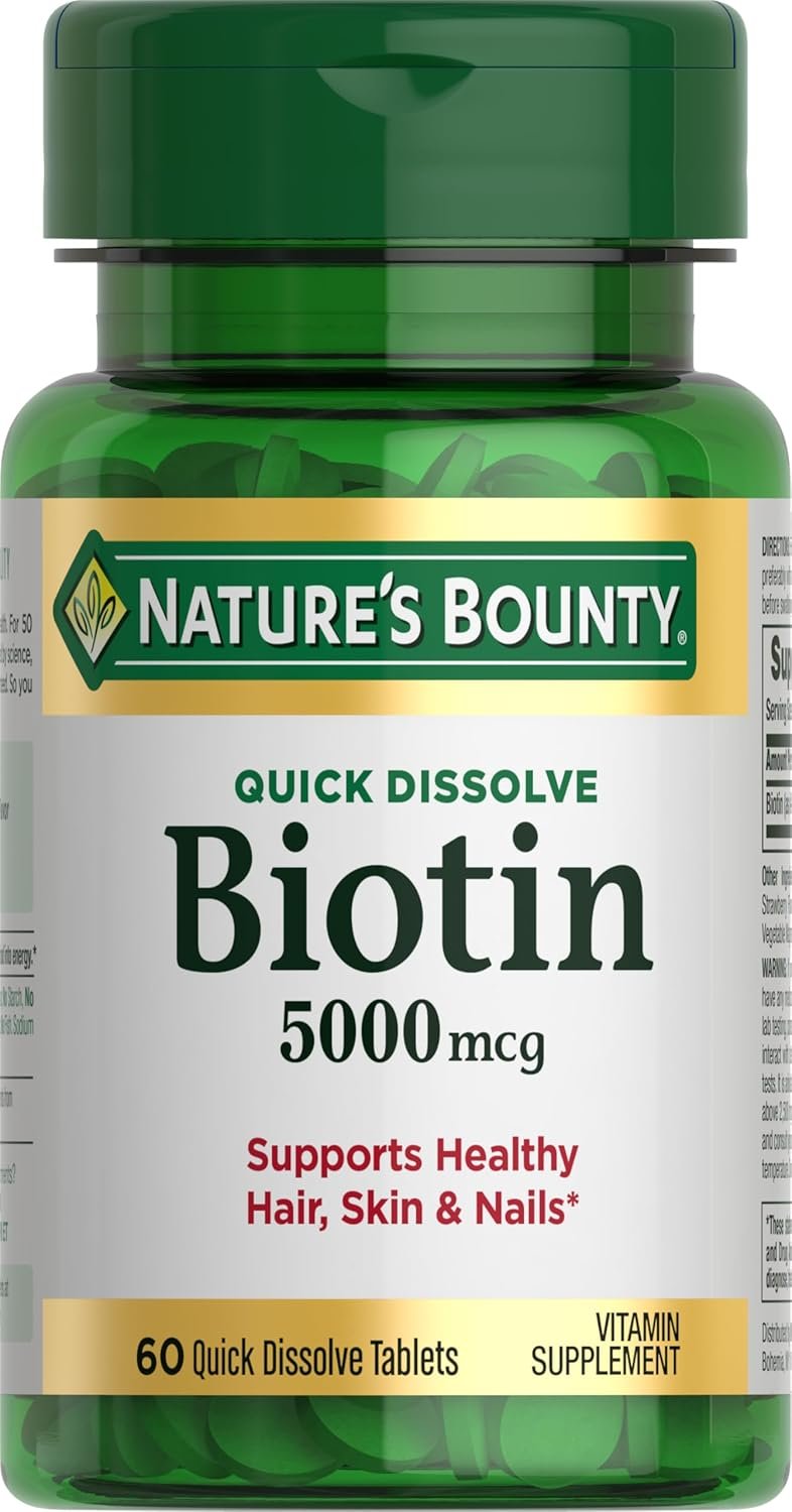 Nature’s Bounty Biotin, Supports Metabolism for Cellular Energy and Healthy Hair, Skin, and Nails, 5000 mcg, 60 Quick Dissolve Tablets