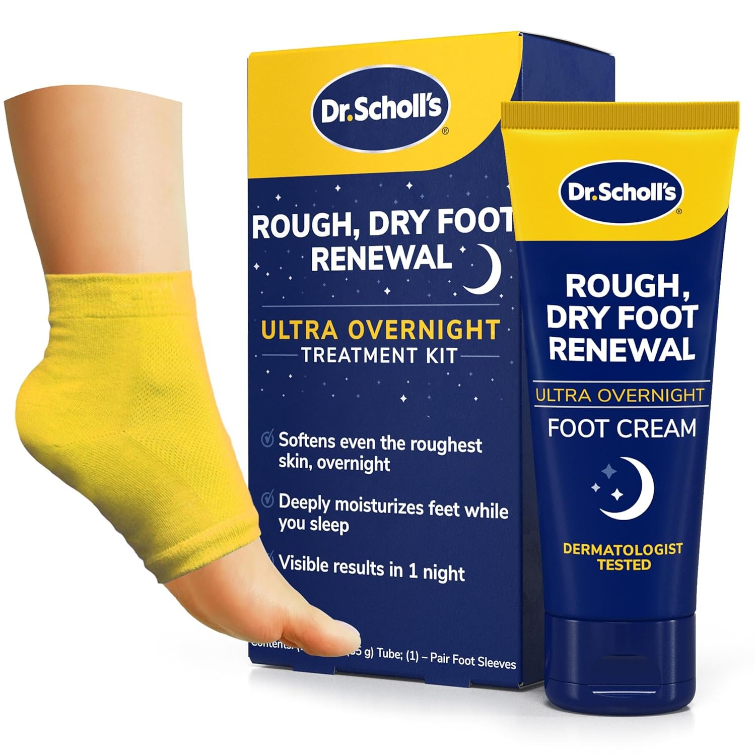 Dr. Scholl’s Rough, Dry Foot Renewal Ultra Overnight Treatment with Overnight Foot Cream 3oz with Aloe, Coconut Oil & Urea and Heel Sleeve Socks, Deeply Moisturize & Soften Feet, Dermatologist Tested
