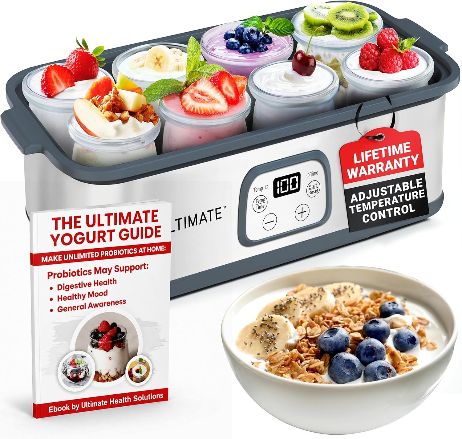 Ultimate Probiotic Yogurt Maker with Adjustable Temperature & Time Control – Make Trillions of Live Probiotics & Get Better Gut Health – ULTIMATE LIFETIME WARRANTY – Wellness Gifts for Men & Women