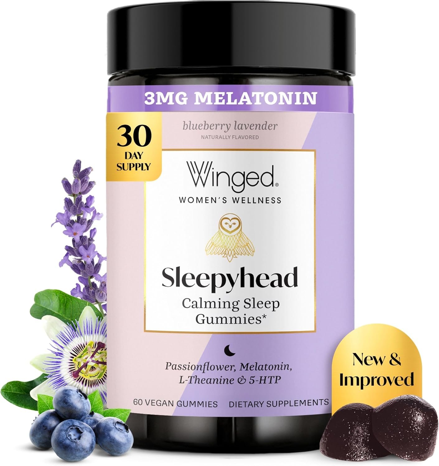 Winged Wellness Sleepyhead Natural Sleep Gummies for Women – Prime Sleep Support Aid for Adults with 3mg Melatonin, L-Theanine, 5-HTP – Blueberry Lavender Flavored – 30 Servings