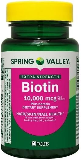 Spring Valley Extra Strength Biotin Plus Keratin Dietary Supplement Tablets for Hair/Skin/Nail Health, 10,000 mcg, 60 Count
