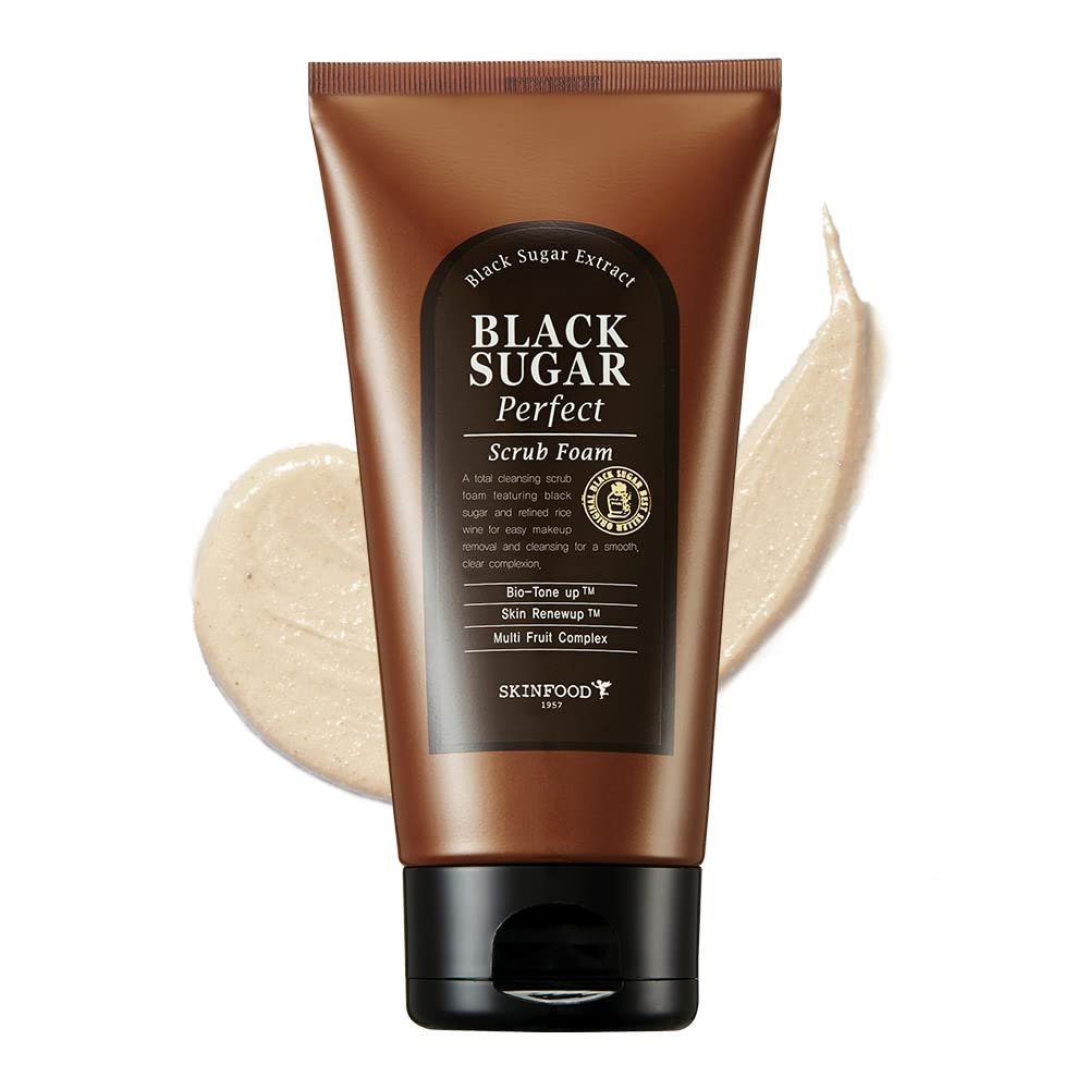 SKINFOOD Black Sugar Perfect Scrub Foam 180g – Detoxifying Pore Scrubs & Exfoliator Soft & Rich Bubble Facial Foam Cleanser, Removes Dead Skin Cells – Exfoliating Skincare for Men & Women (6.35 oz)