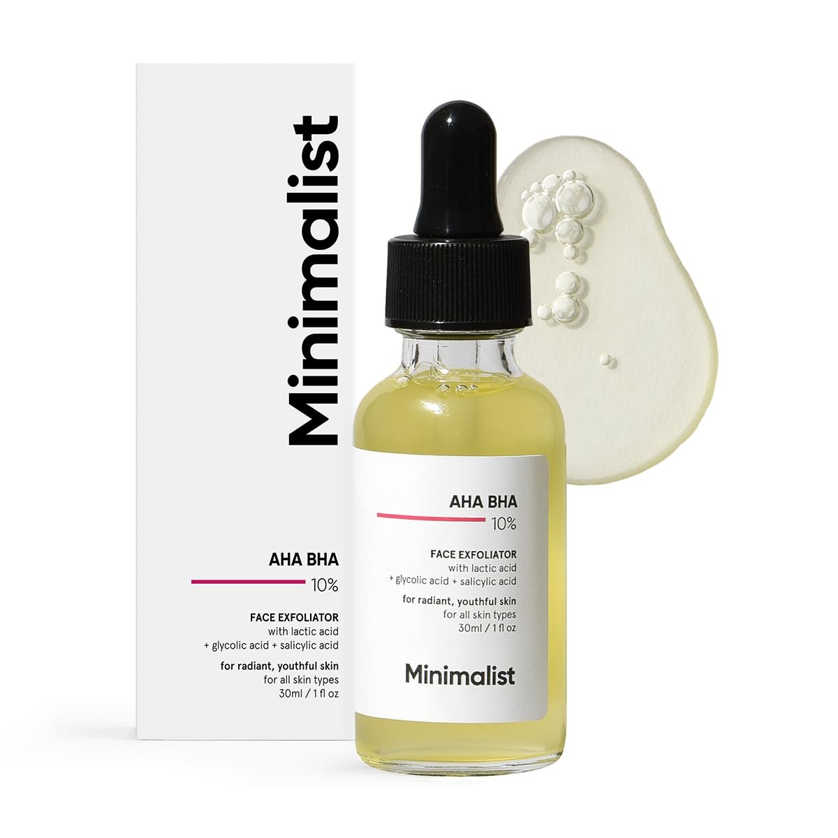 Minimalist Daily Exfoliator AHA BHA 10% Face Serum for Beginners | Mildly Exfoliates without Drying for Radiant, Youthful Skin | For Uneven Skin Tone | For Women & Men | 1 Fl Oz / 30 ml