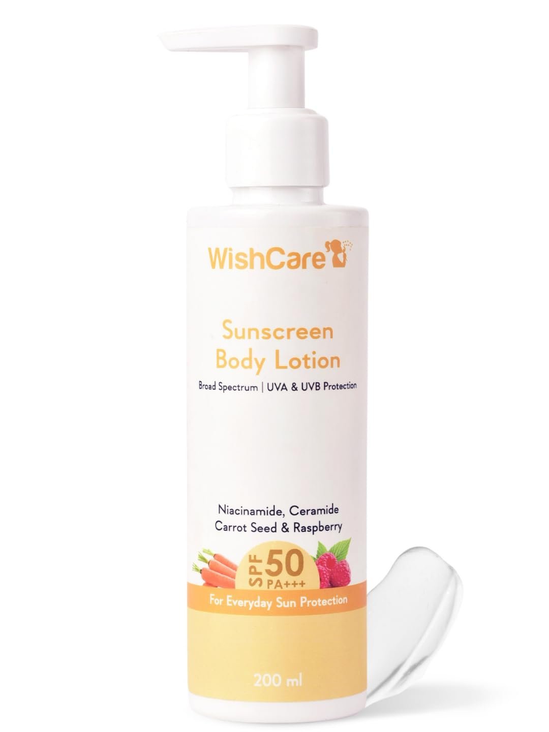 WishCare Sunscreen Body Lotion with SPF 50 PA+++ – Broad Spectrum UVA & UVB Protection, No White Cast, Enriched with Carrot Seed & Raspberry – Body Sunscreen Lotion 200ml (Indian Version)