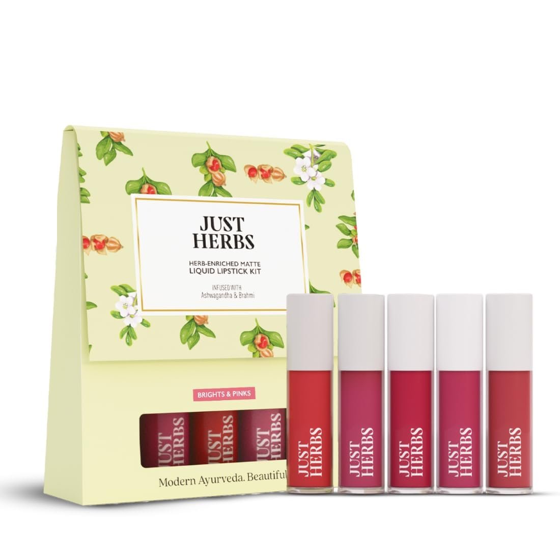 Just Herbs Organic Liquid Lipstick Kit Set of 5, Hydrating & Lightweight Lip Color – Paraben & Silicon Free – 1.6 fl oz. (Brights & Pinks)