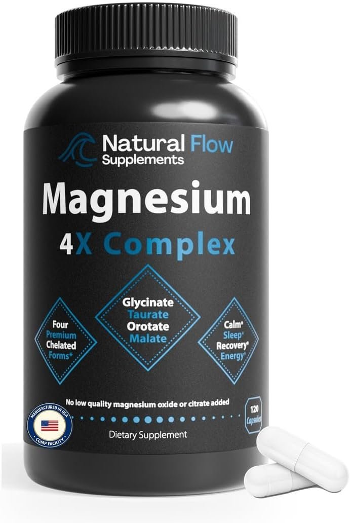 Natural Flow Magnesium Glycinate Complex — 200mg Elemental Mg — 4 Chelated Forms: Glycinate, Taurate, Malate & Orotate — No Oxide, No Citrate — Calm, Sleep & Muscle Support — 120 Veg Capsules, 60 Days