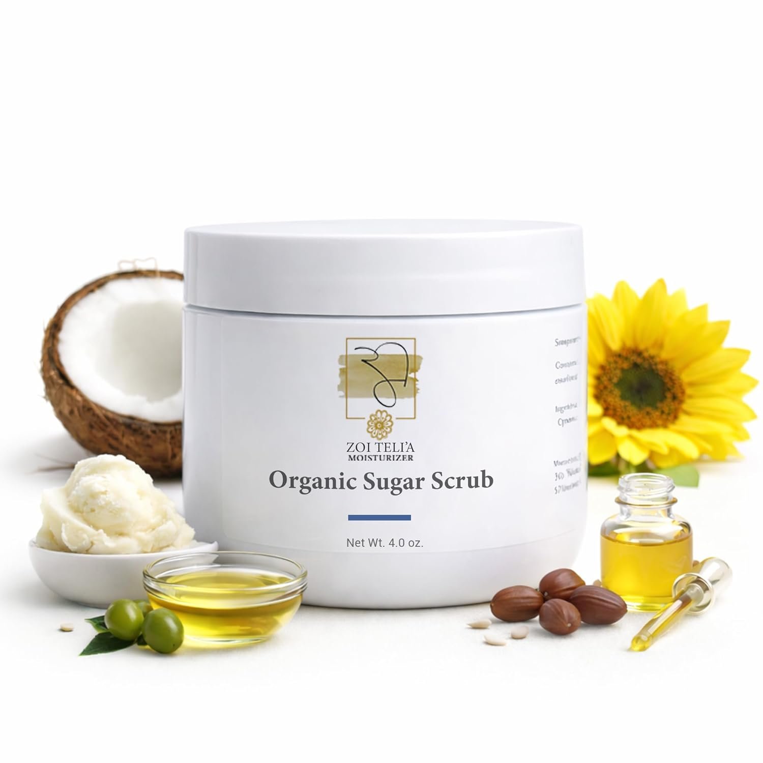 Zoi Telia Organic Sugar Body Scrub with Shea Butter, Olive, Jojoba & Sunflower Oil for Dry, Dull & Sensitive Skin – Nourishing, Soft and Glowing Skin Formula for Women and Men – 4 Oz – Pack of 1