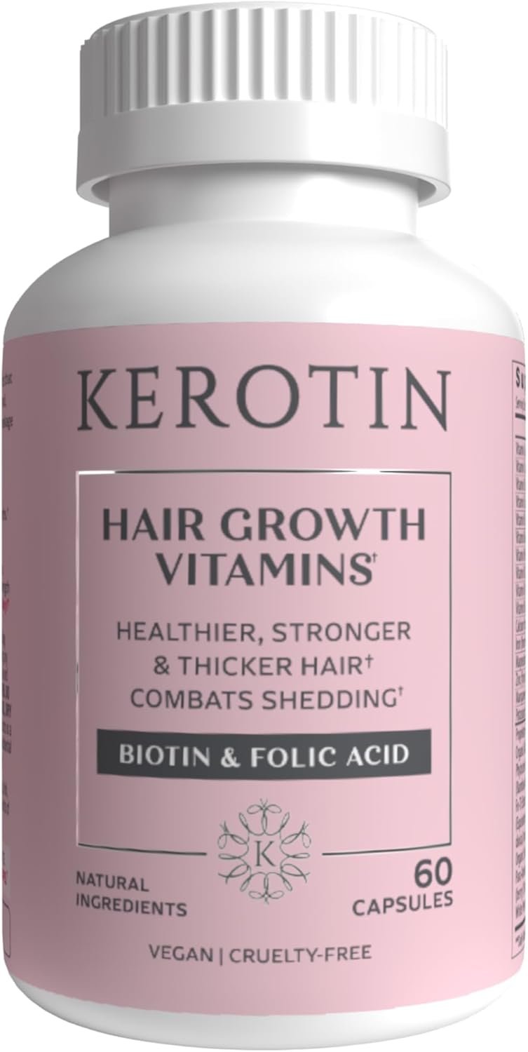 Kerotin Hair Growth Vitamins, Biotin Supplement, DHT Blocker, Collagen Stimulator, for Hair Loss Support, Nail & Skin Care, Includes Saw Palmetto, Vitamin D3 & More – 60 Pills (1 Month Supply)