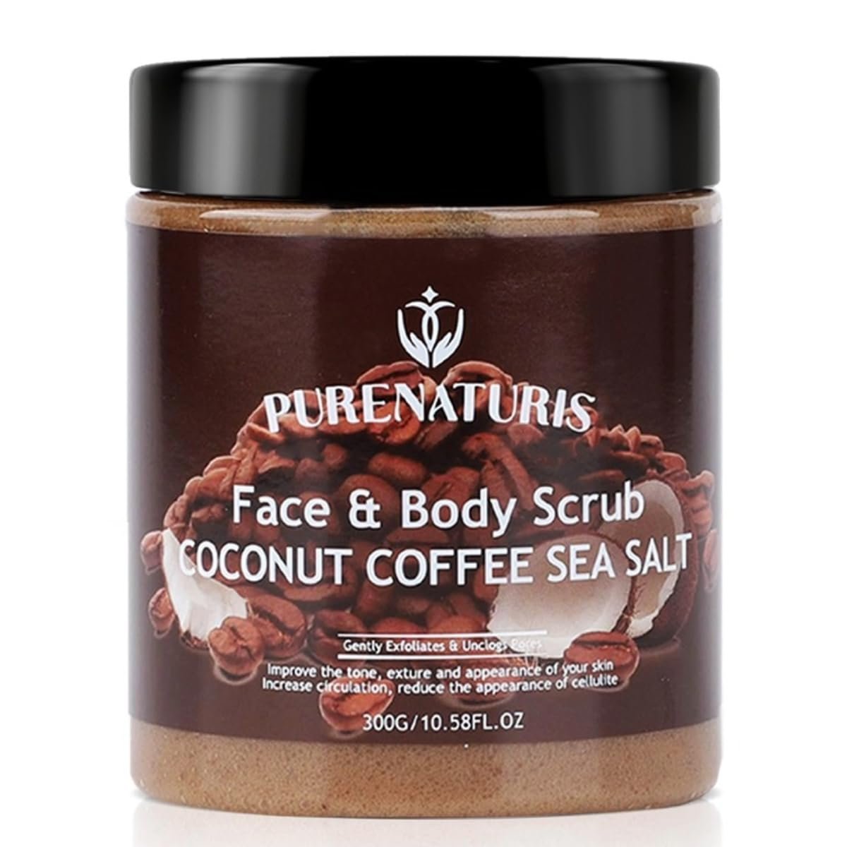 PureNaturis Coconut Coffee Sea Salt Scrub – Exfoliating & Moisturizing Face and Body Scrub with Natural Ingredients, Energizing and Hydrating, 10.58 Ounce