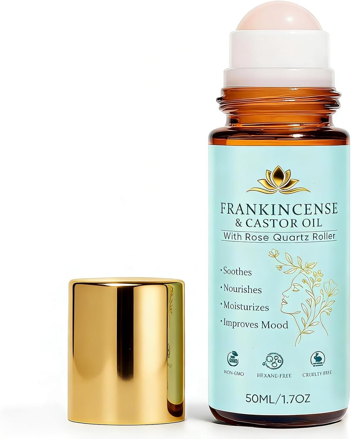 Frankincense and Castor Oil, Castor Oil Roll On with Rose Quartz, 100% Pure, Organic, Cold-Pressed, Firms Skin, Reduces Fine Lines & Deeply Hydrates, Suitable for Face, Neck, Abdomen, 50ML/1.7OZ