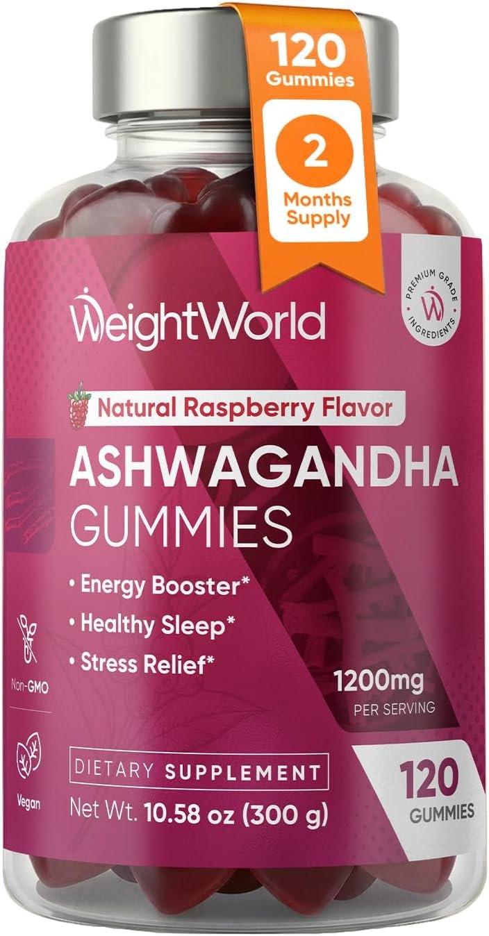 WeightWorld Ashwagandha Gummies for Stress Relief, Healthy Sleep & Energy Booster | 120 Count (2-Month Supply) | Vegan Adaptogen Ashwagandha Supplements, Natural Raspberry-Flavor, Non-GMO, Gluten-Free