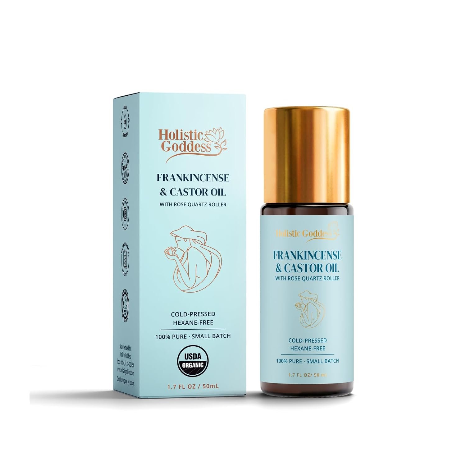 Holistic Goddess Organic Frankincense & Castor Oil Roll-On with Rose Quartz Roller – Cold-Pressed, Hexane-Free Castor Oil for Face, Neck, Fine Lines & Under-Eye Puffiness, 1.7 fl oz (50ml)