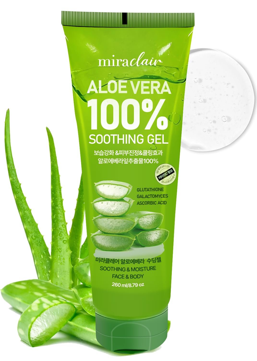 MIRACLAlR Aloe Vera Gel,100% Pure Aloe Gel for Face, Body,After Sun Skin Care, Moisturizer- Durable Moisturizing Hydrating Soothing, Squeeze-on Mask, Made in Korea, Travel Size, 8.79 oz