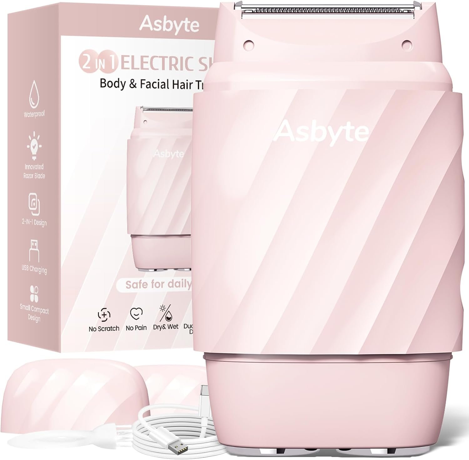 4-in-1 Electric Razor for Women, Bikini Trimmer & Facial Hair Remover, Rechargeable Cordless Dual-Head Shaver, IPX7 Waterproof, Painless & Hypoallergenic for Sensitive Areas, Pink