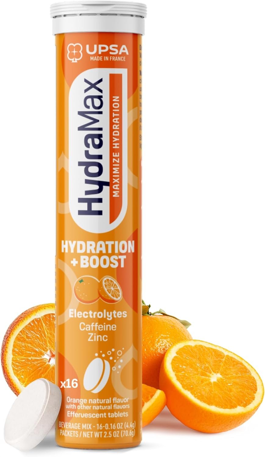 UPSA HydraMax Boost Electrolytes Hydration Tablets – Natural Orange Effervescent Hydrating with 4 Essential Electrolytes Vitamin C, B3, Zinc & Caffeine, Daily Hydration Mix Support 16 Count