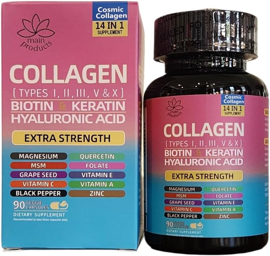 Collagen Peptides Types I, II, III, V & X, 64000 MCG, 14 in 1, Biotin, Keratin, , Hyaluronic Acid, Magnesium, MSM, Grape Seed, Vitamin A C & E, Black Pepper, Quercetin, Folate, Zinc (90 Veggie Caps)