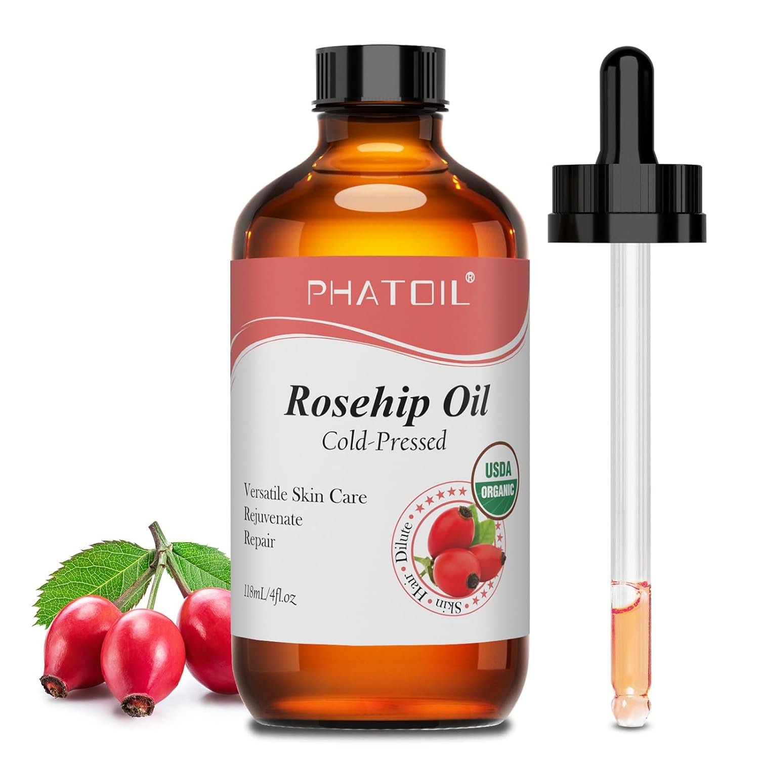 PHATOIL Organic Rosehip Oil for Face 4oz/118ml, USDA Certified Organic Pure and Natural Cold Pressed Base Carrier Oil, Massage Gua Sha for Face and Body, Moisturizing for Hair and All Skin Type