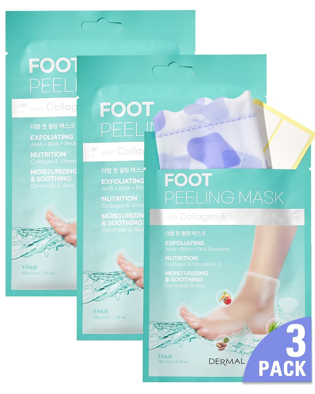 DERMAL KOREA Foot Peeling Mask 3 Pack For Dry Foot And Cracked Heel & Callus With Aloe Vera And Collagen – Exfoliating Peel Mask With Aha, Bha, & Pha And For Moisturizing, Soothing & Refreshing Feet