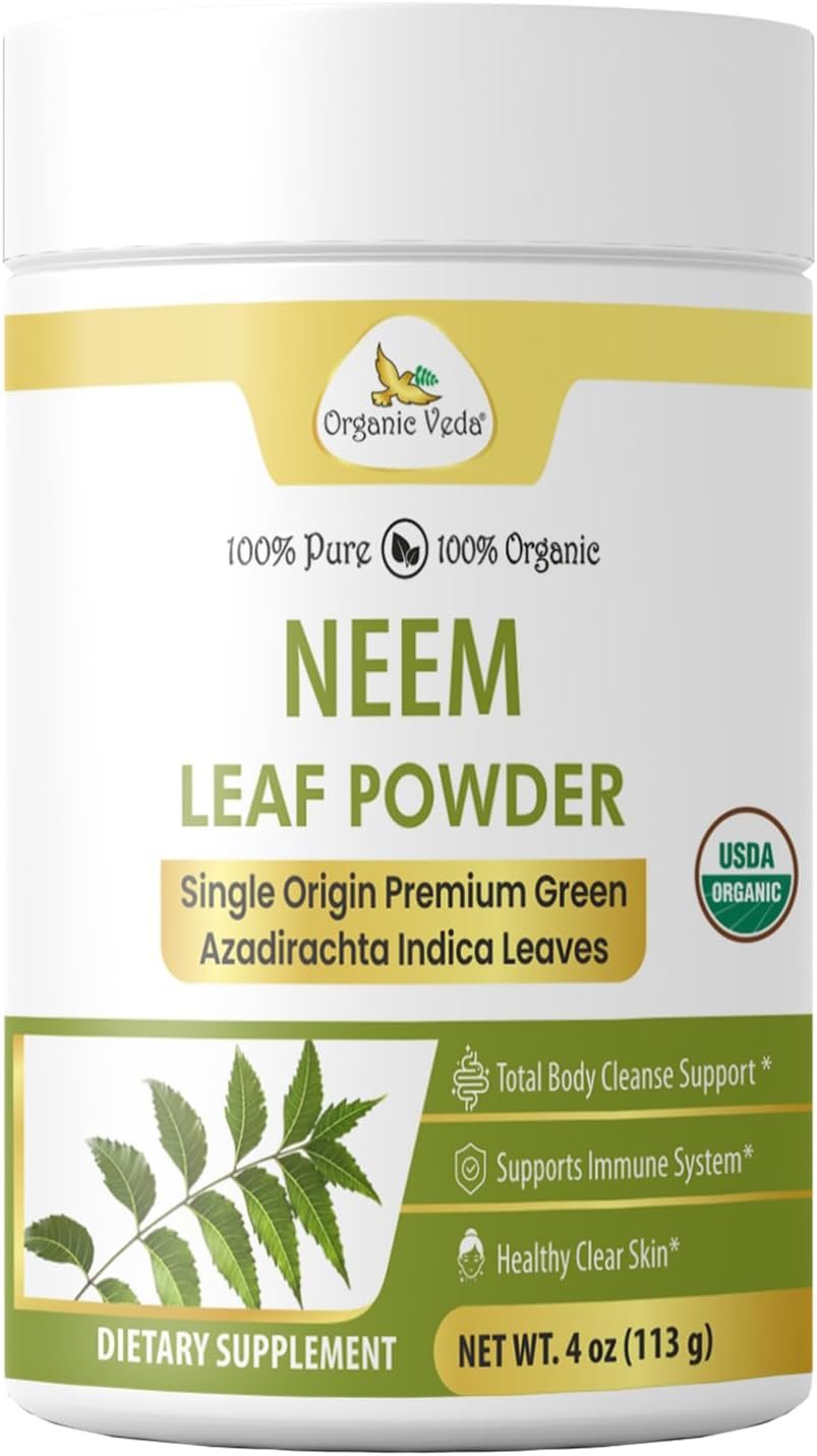 Organic Veda Neem Leaf Powder – Gentle Dried Organic Neem Leaves Powder – Herbal Supplement for Skin, Gut Cleanse & Immune Support – Non-GMO, Gluten-Free, Vegan – 4 oz