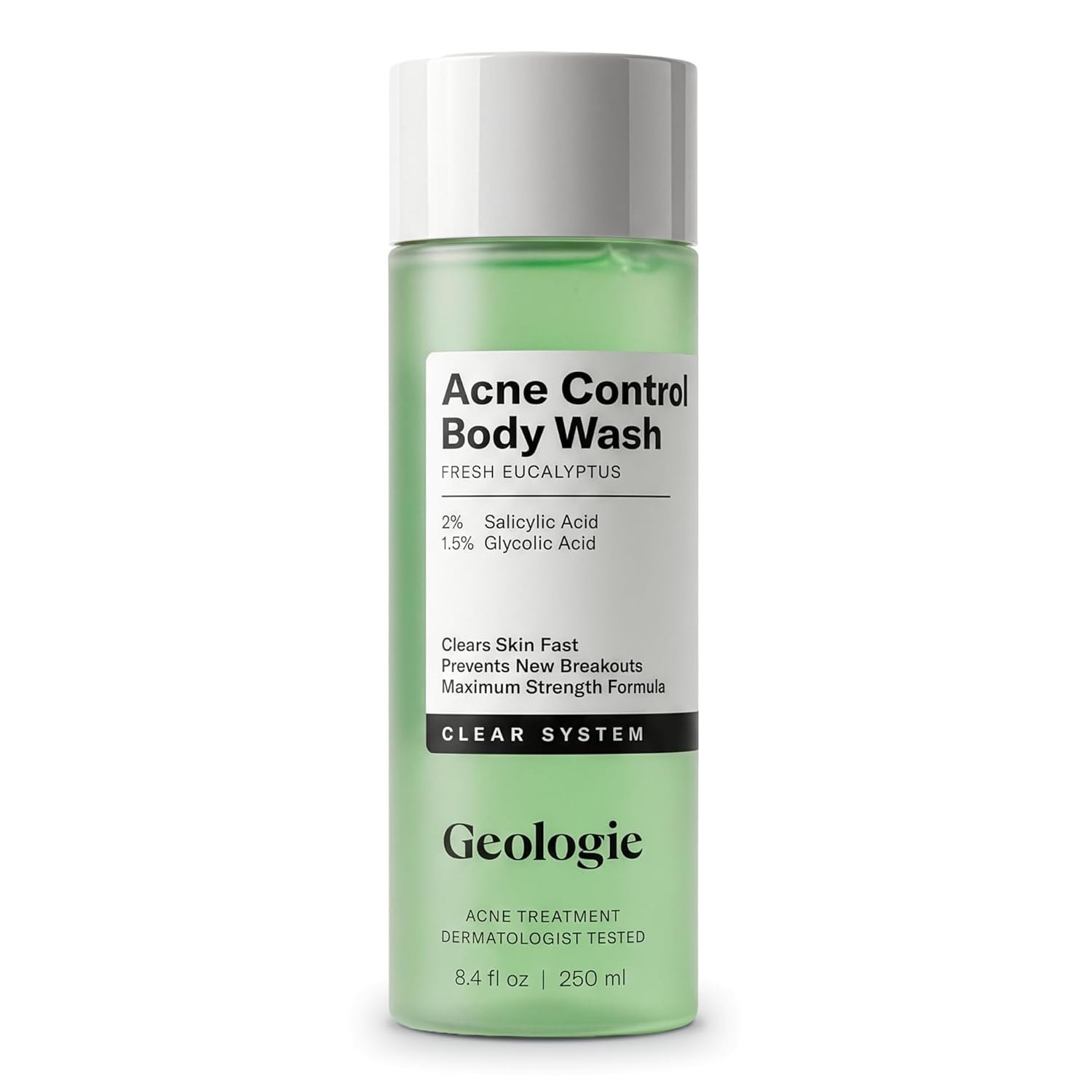 Geologie Acne Control Body Wash | Fresh Eucalyptus | 2% Salicylic Acid + 1.5% Glycolic Acid | Clears Body Acne & Prevents Breakouts | For Men & Women | No Benzoyl Peroxide | 8.4 oz