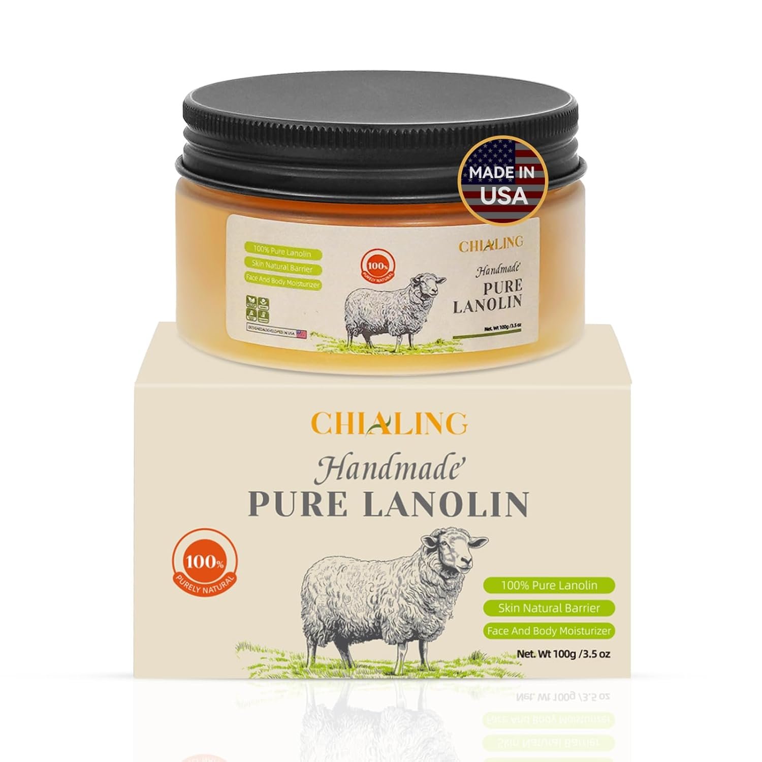 CHIALING Handmade Lanolin – 100% Pure Natural Australian Lanolin Cream – Made in USA – USP Grade Moisturizer for Dry/Cracked Skin, Nipple Discomfort, Lip Hydration & Eczema | Unscented, Additive-Free(3.5 oz)