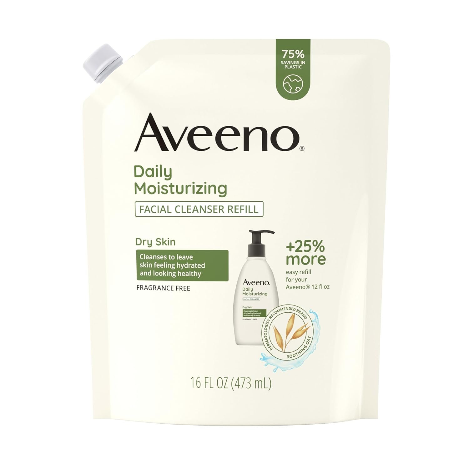 Aveeno Daily Moisturizing Facial Cleanser with Soothing Non-GMO Oat, Leaves Skin Feeling Hydrated, Soft & Supple, Paraben-, Sulfate-, Fragrance-, Dye- & Soap-Free, Refill Pouch, 16 fl. oz