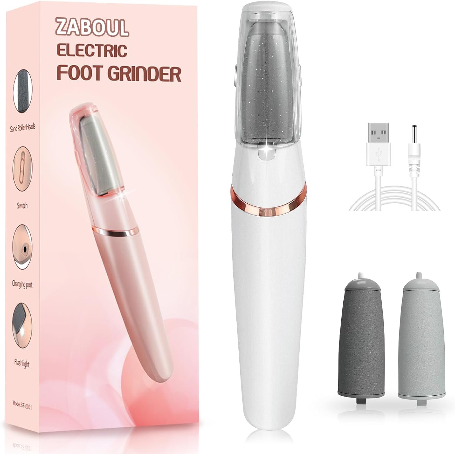 Electric Callus Remover for Feet, ZABOUL Electric Foot Filer Rechargeable Pedicure Tools Foot Grinder Smooth Pedicure Wand Feet Care for Removes Dry Hard & Dead Skin Ideal Gift – White