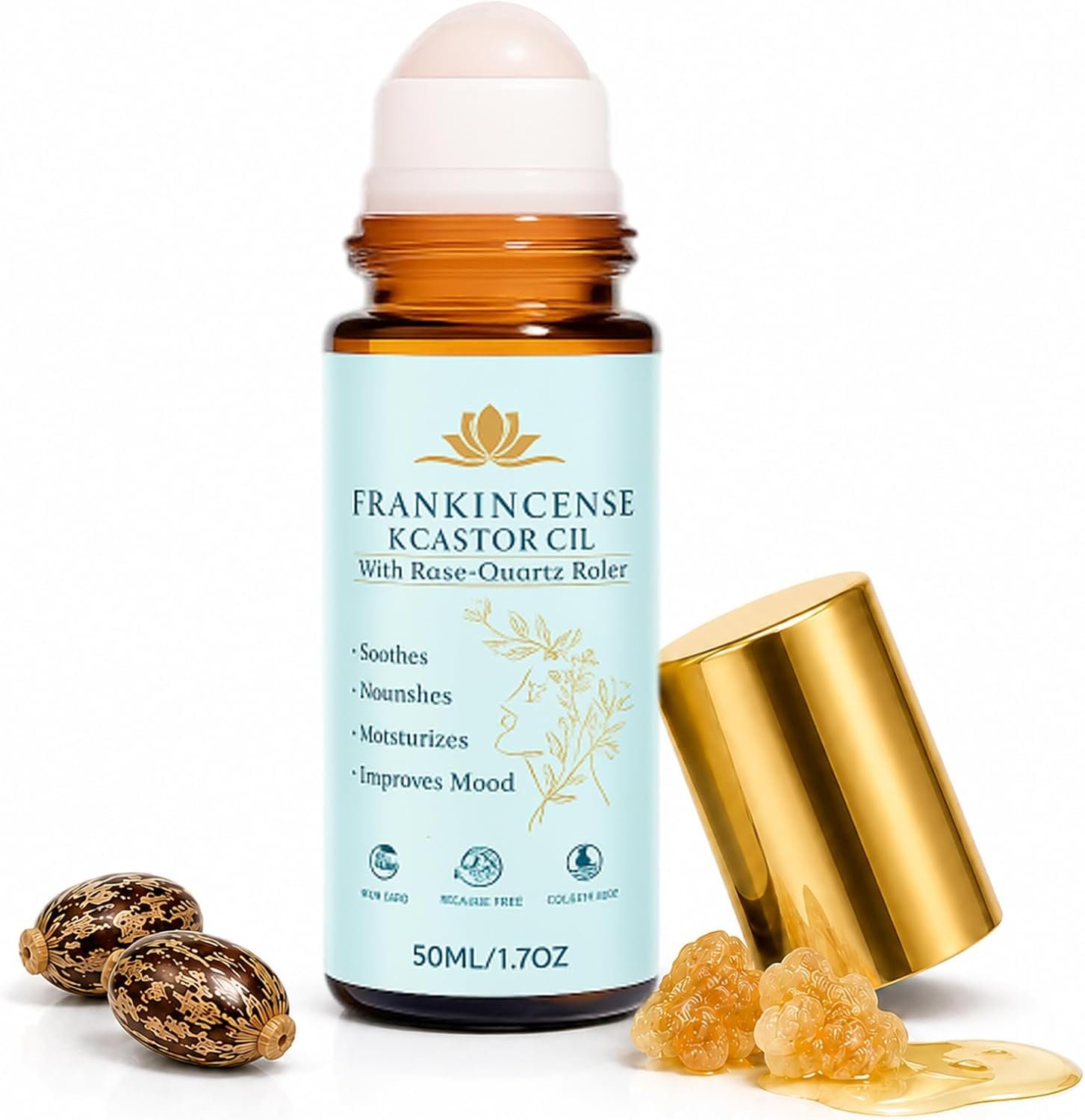 Frankincense and Castor Oil Roll On with Rose Quartz | 100% Pure Organic Cold-Pressed Castor Oil–Firms Skin, Reduces the Look of Fine Lines,Supports Hormonal Balance–For Face, Neck & Abdomen,1.7 fl oz
