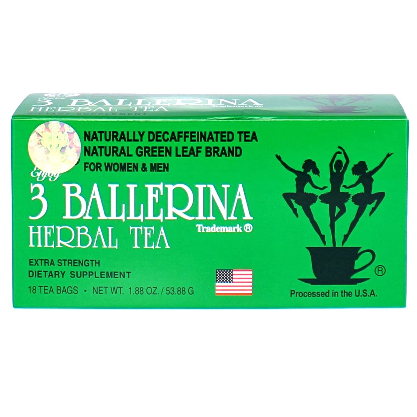 3 Ballerina Herbal Green Leaf Organic Detox Tea, Extra Strength Drink-Caffeine Free, 18 Tea Bags (1 Box)